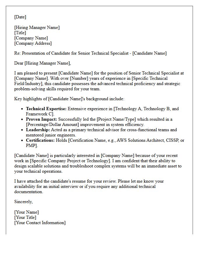 Senior Technical Specialist Candidate Presentation Letter