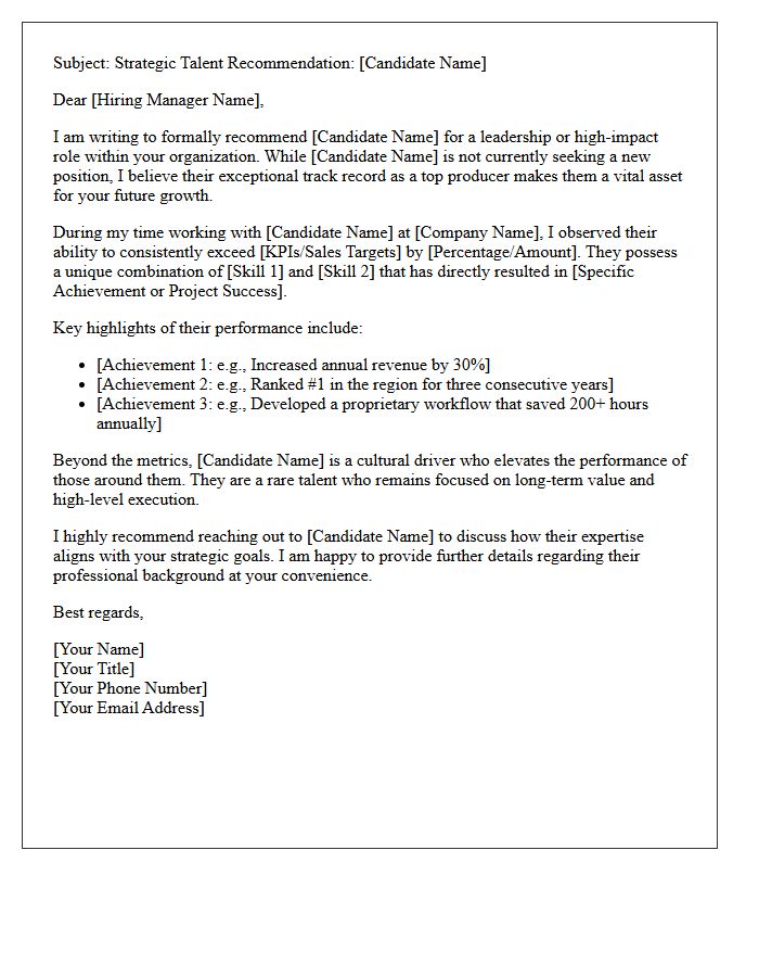 Passive Top-Producer Candidate Recommendation Letter