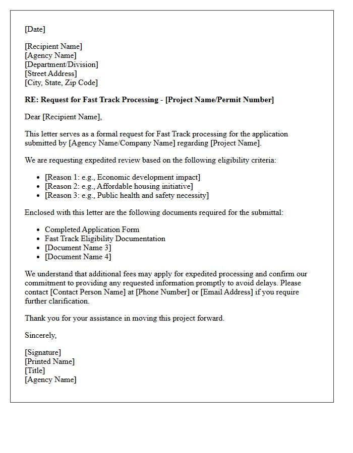 Fast Track Applicant Agency Submittal Letter