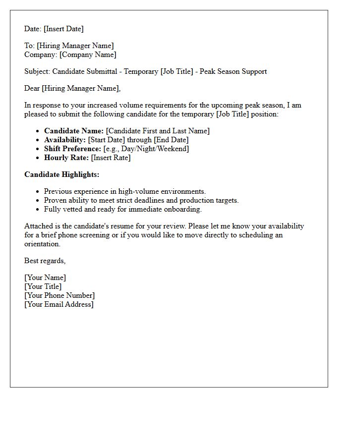 Peak Season Volume Temporary Candidate Submittal Letter