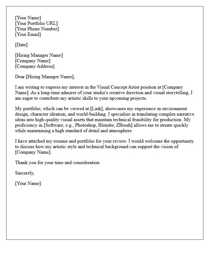 Visual Concept Artist Portfolio Submittal Letter