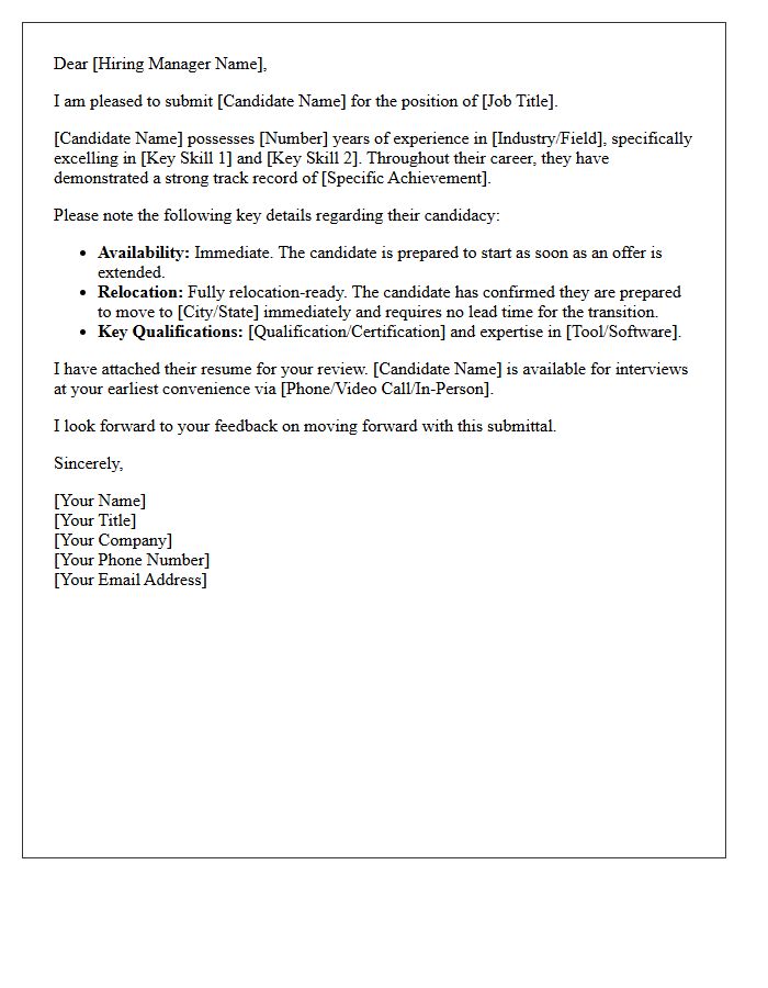 Immediate Availability Relocation-Ready Candidate Submittal Letter