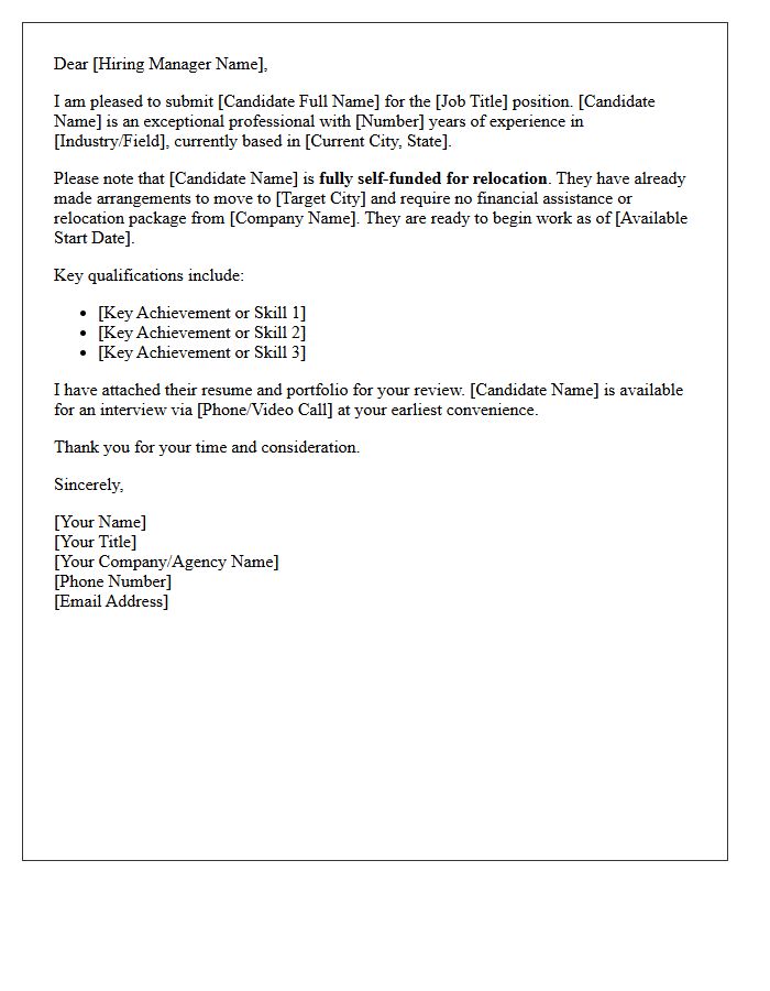 Self-Funded Relocation-Ready Candidate Submittal Letter