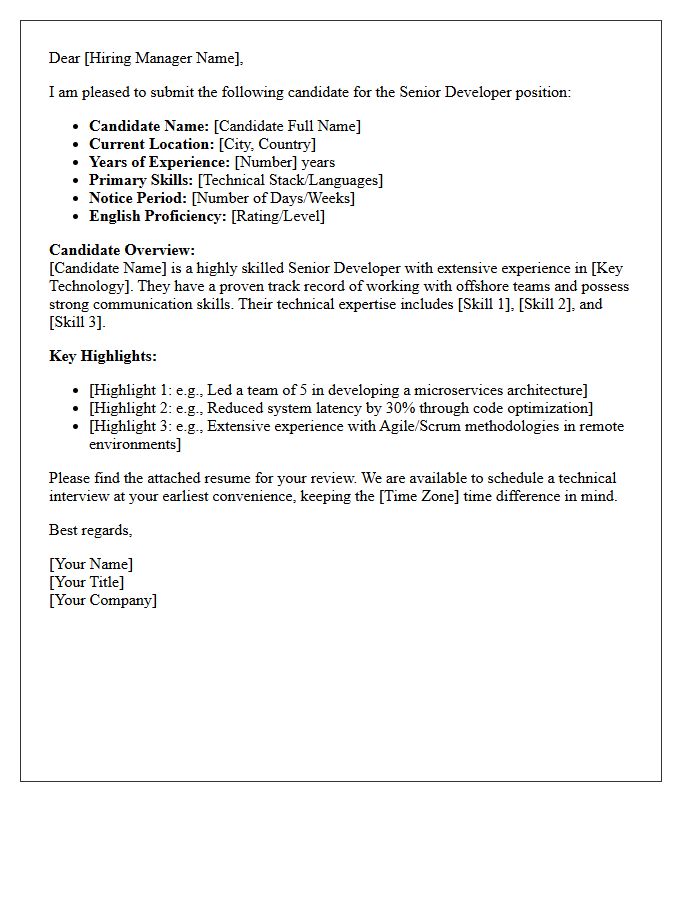 Senior Developer Offshore Candidate Submittal Letter