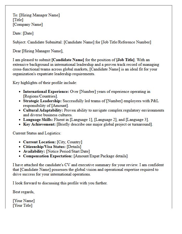 Senior Management Expatriate Candidate Submittal Letter