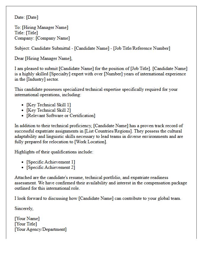 Specialized Technical Expatriate Candidate Submittal Letter