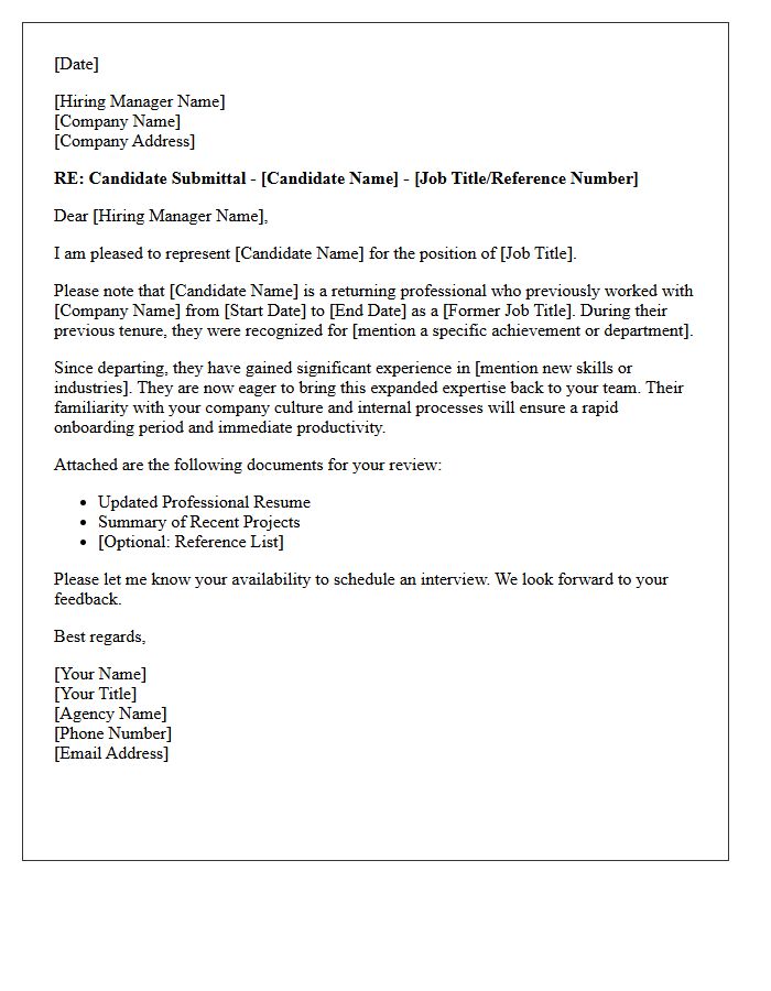 Agency Submittal Letter for Returning Professional Candidate