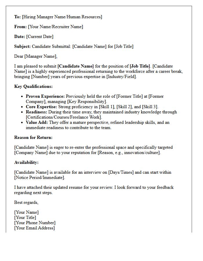 Experienced Returning Professional Candidate Submittal Letter