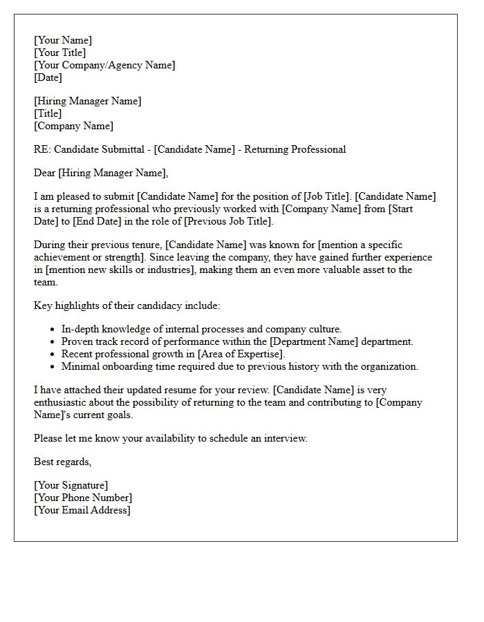 Returning Professional Candidate Submittal Letter