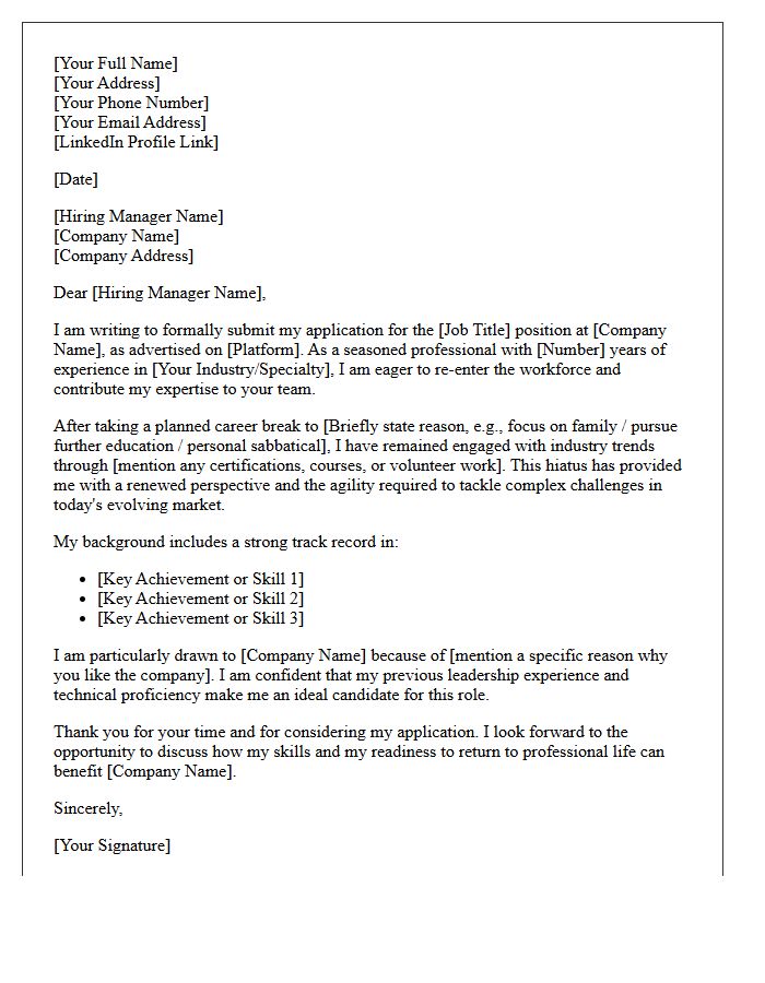 Returning Professional Re-Entry Candidate Submittal Letter