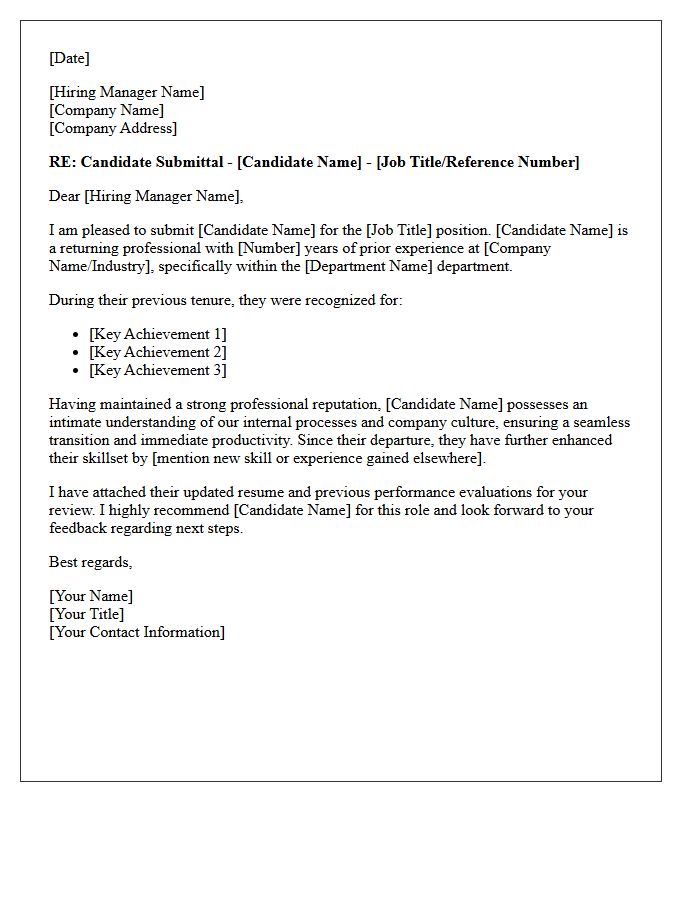 Returning Professional Talent Submittal Letter