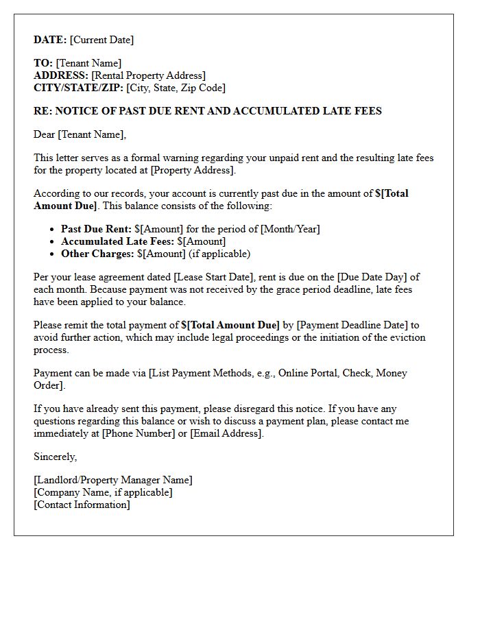 Accumulated Late Fees And Past Due Rent Warning Notice Letter