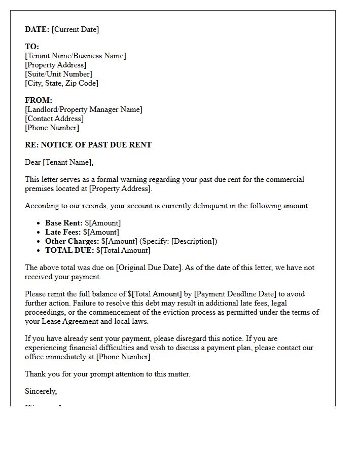 Commercial Lease Past Due Rent Warning Notice Letter