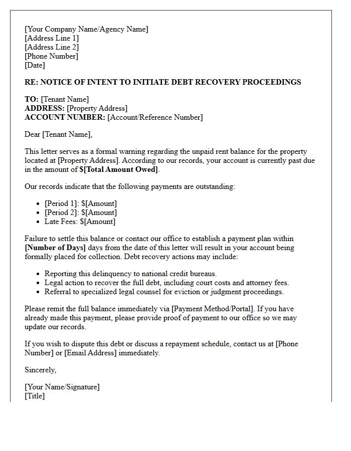Debt Recovery Agency Past Due Rent Warning Notice Letter