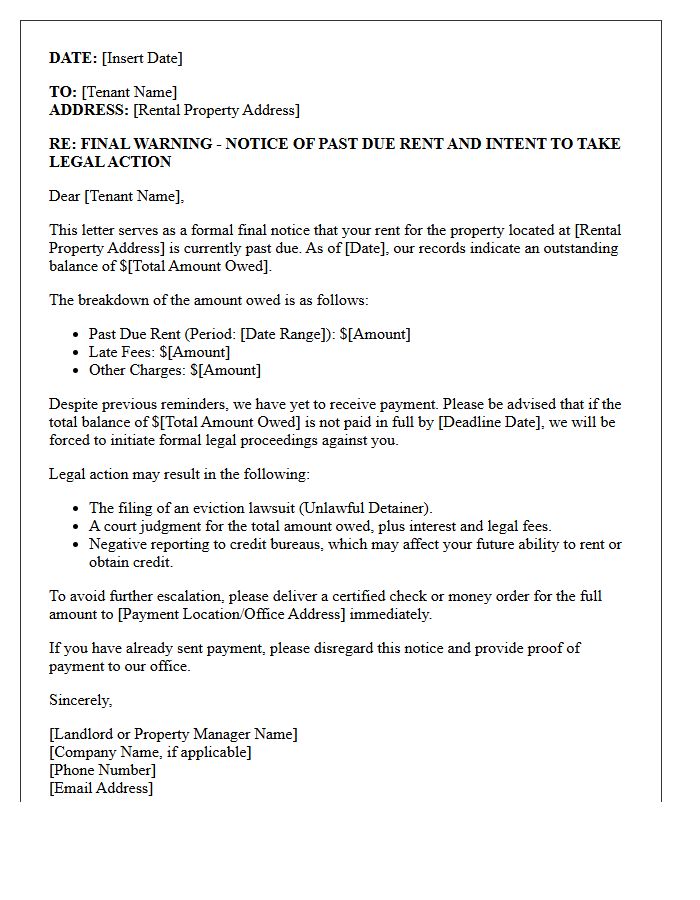 Legal Action Threat Past Due Rent Warning Notice Letter
