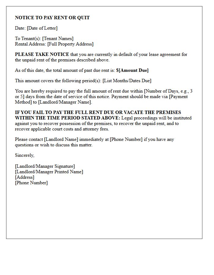 Notice To Pay Or Quit Past Due Rent Warning Letter