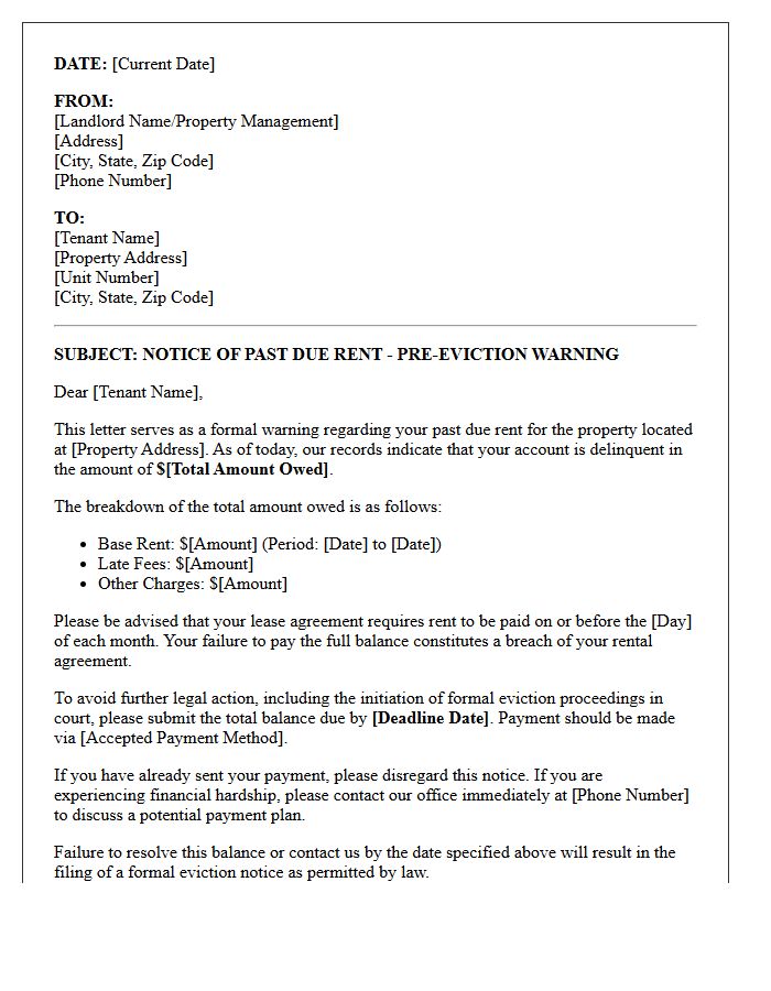 Pre-Eviction Past Due Rent Warning Notice Letter