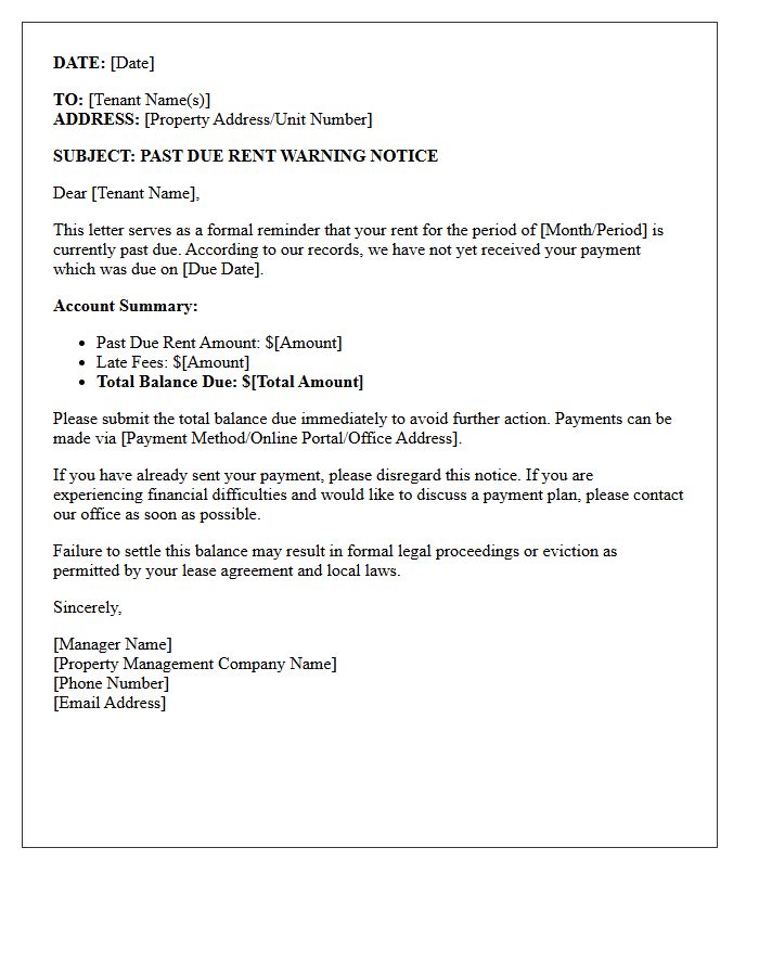Property Management Past Due Rent Warning Notice Letter