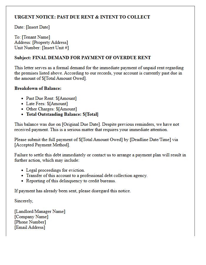 Urgent Debt Collection Past Due Rent Warning Notice Letter