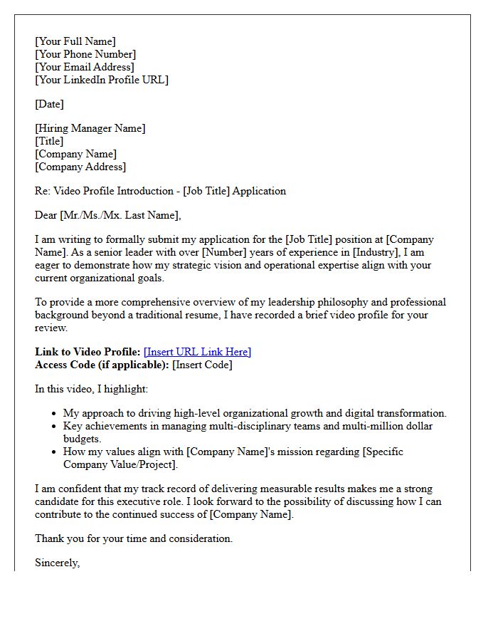 Senior Management Candidate Video Profile Letter