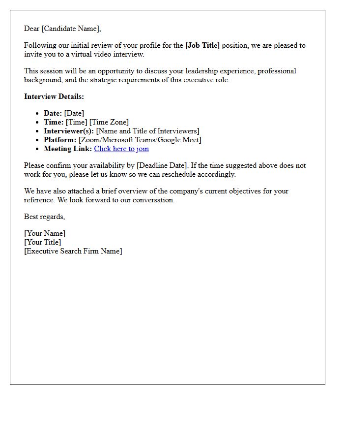 Executive Search Virtual Video Interview Invitation Letter