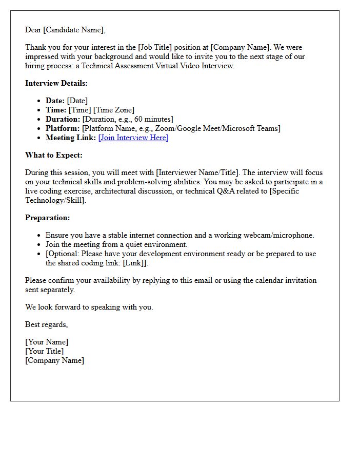 Technical Assessment Virtual Video Interview Invitation Letter