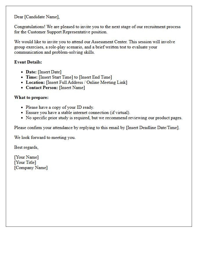 Customer Support Group Assessment Center Invitation Letter