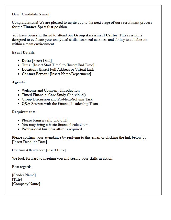 Finance Specialist Group Assessment Center Invitation Letter