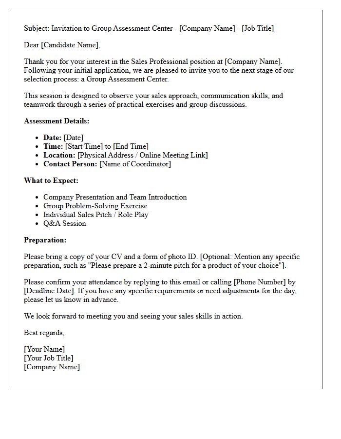 Sales Professional Group Assessment Center Invitation Letter