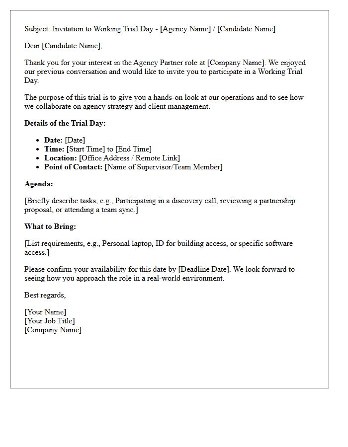 Agency Partner Working Trial Day Interview Invitation Letter