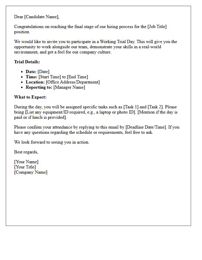 Final Stage Working Trial Day Interview Invitation Letter