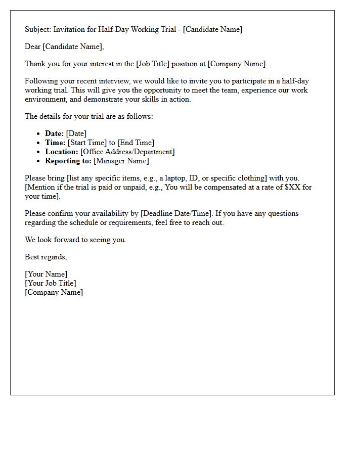 Half-Day Working Trial Day Interview Invitation Letter