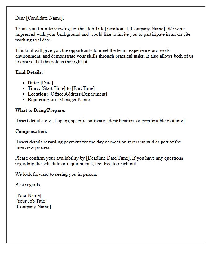 On-Site Working Trial Day Interview Invitation Letter