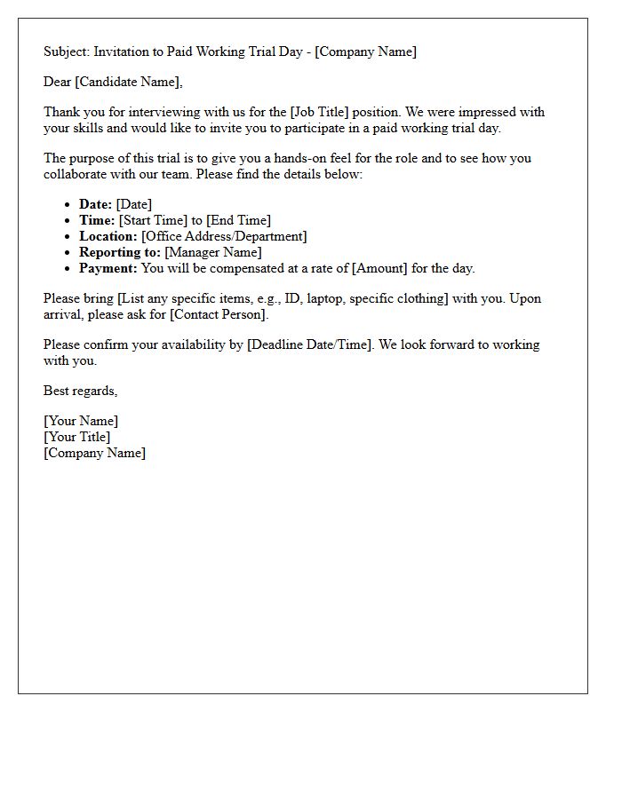 Paid Working Trial Day Interview Invitation Letter
