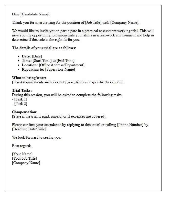 Practical Assessment Working Trial Day Interview Invitation Letter