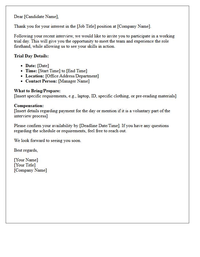 Standard Working Trial Day Interview Invitation Letter