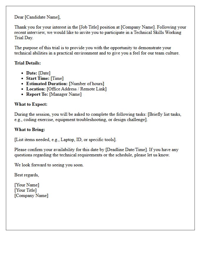 Technical Skills Working Trial Day Interview Invitation Letter