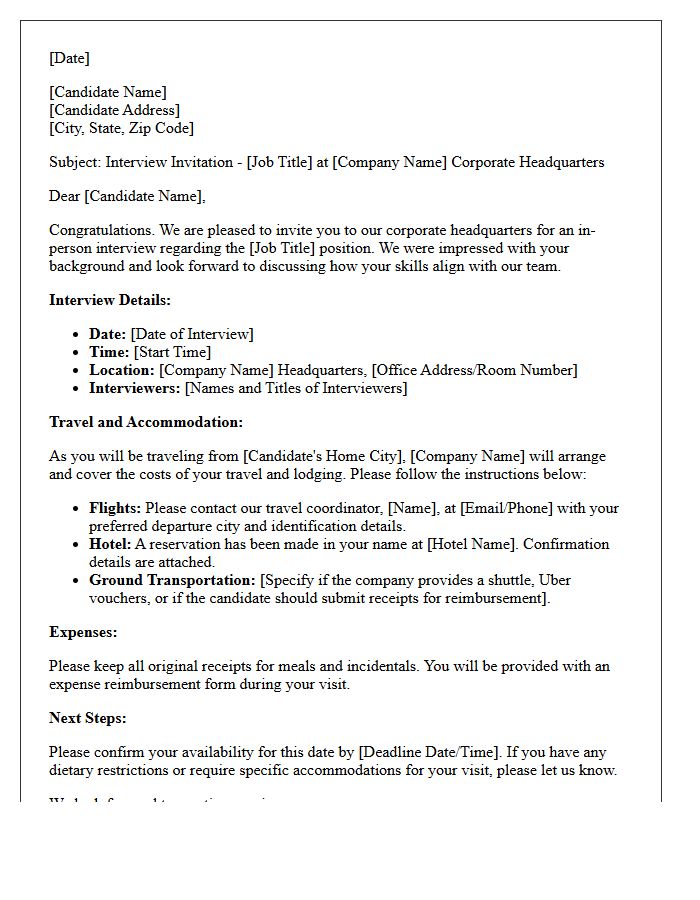 Corporate Headquarters Interview Invitation and Travel Booking Letter
