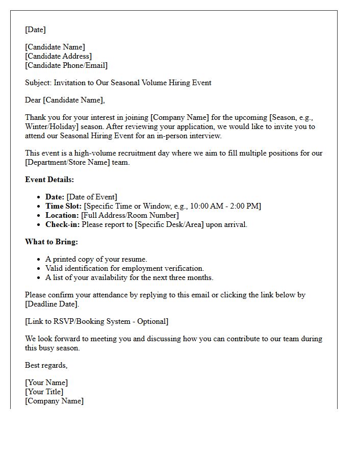 Seasonal Volume Hiring Event Interview Invitation Letter