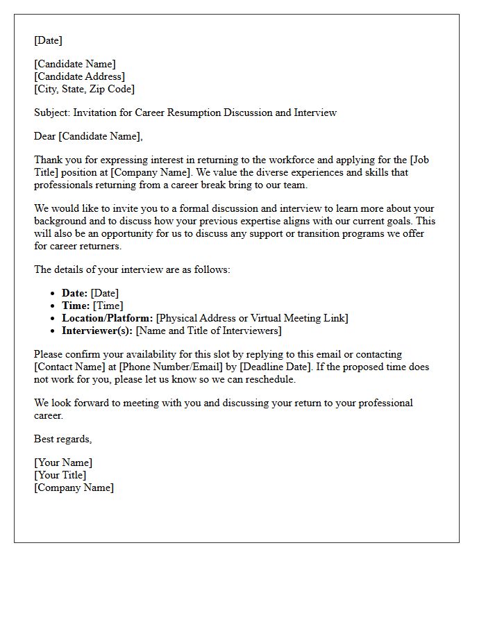 Career Resumption Discussion and Interview Invitation Letter