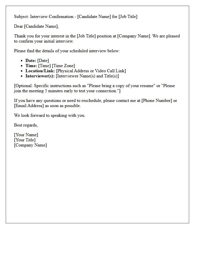 Initial Employer Interview Scheduling Confirmation Letter
