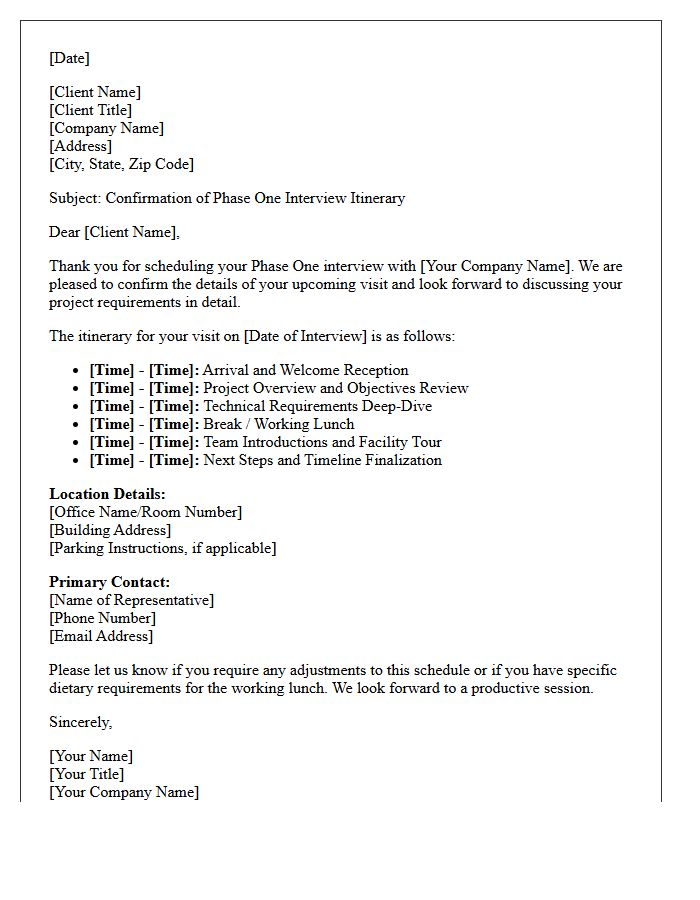 Phase One Client Interview Itinerary Confirmation Letter