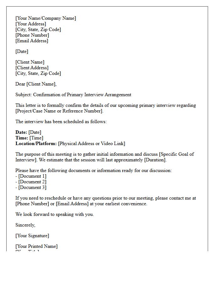 Primary Client Interview Arrangement Confirmation Letter