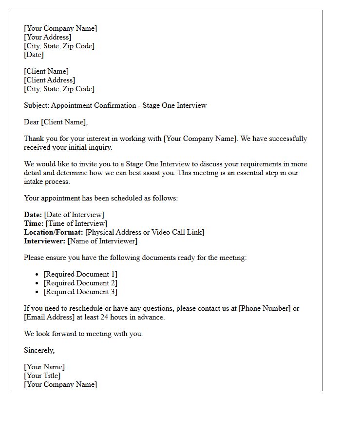 Stage One Client Interview Appointment Letter