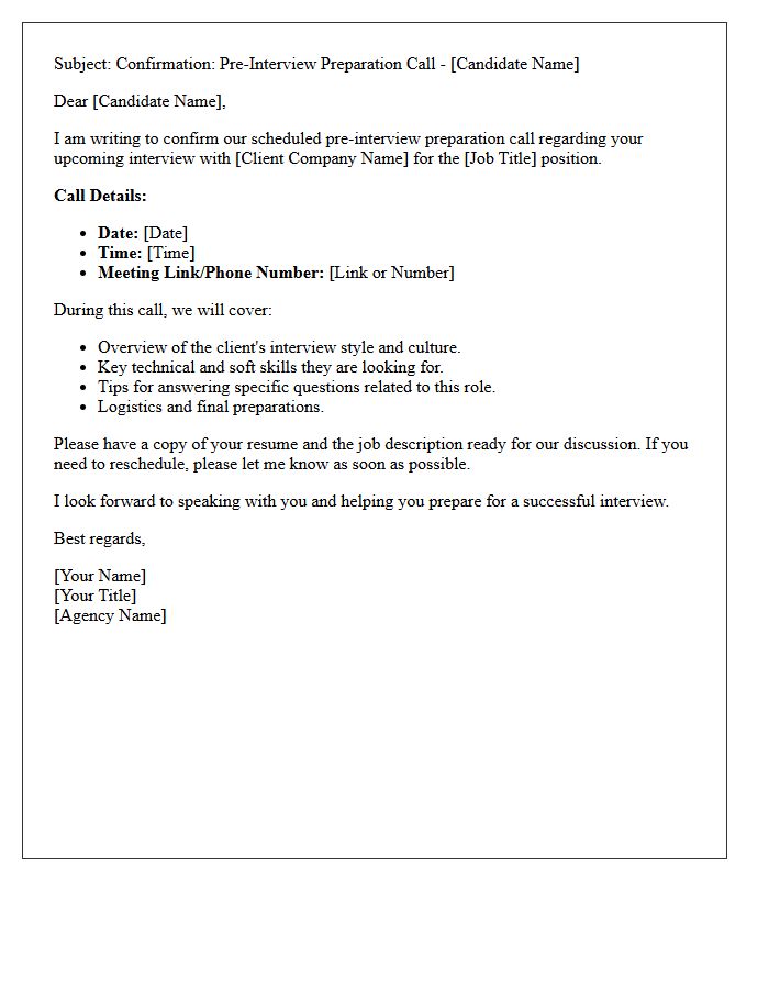 Contractor Agency Pre-Interview Preparation Call Confirmation Letter