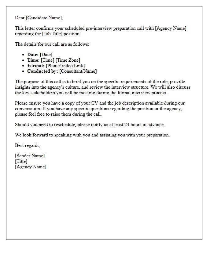 Executive Agency Pre-Interview Preparation Call Confirmation Letter