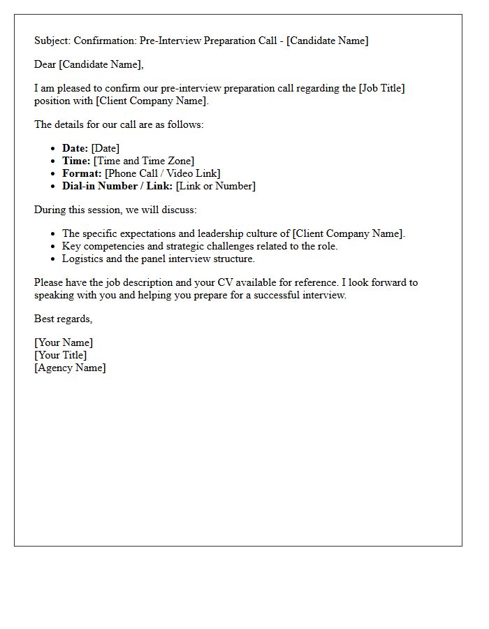 Senior Management Agency Pre-Interview Preparation Call Confirmation Letter