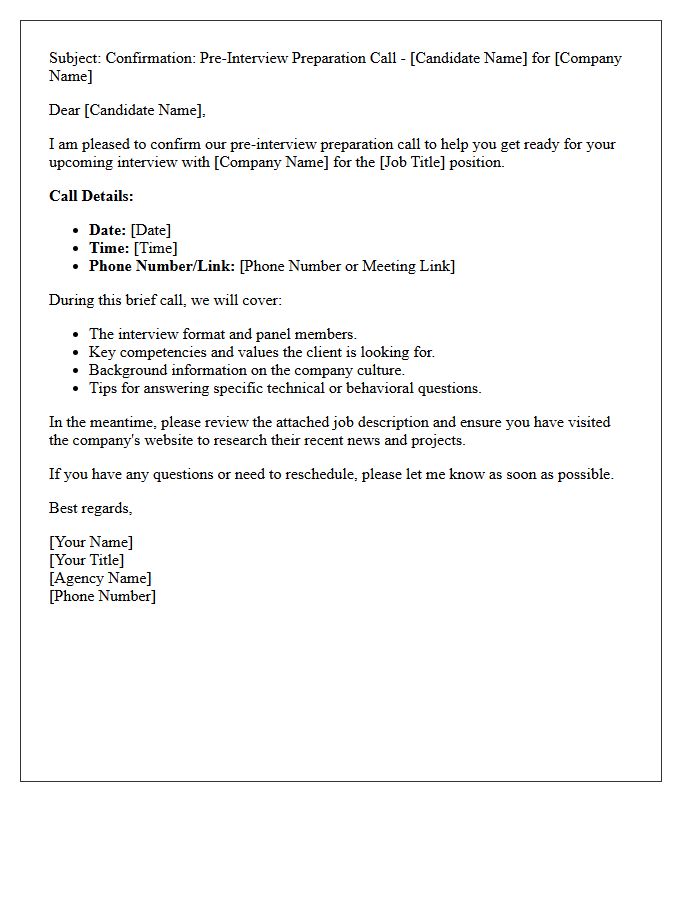 Standard Agency Pre-Interview Preparation Call Confirmation Letter