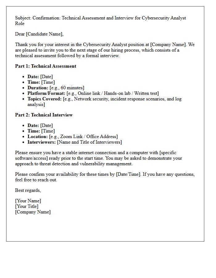 Cybersecurity Analyst Technical Assessment and Interview Confirmation Letter