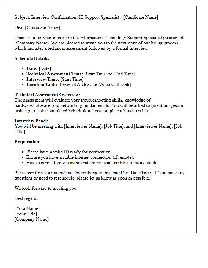 Information Technology Support Specialist Technical Assessment and Interview Confirmation Letter
